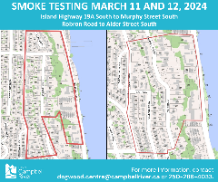 Two maps show the areas between Island Highway 19A South to Murphy Street South, and Robron Road to Alder Street South, where sewer smoke-testing will take place on March 11 and 12, 2024.