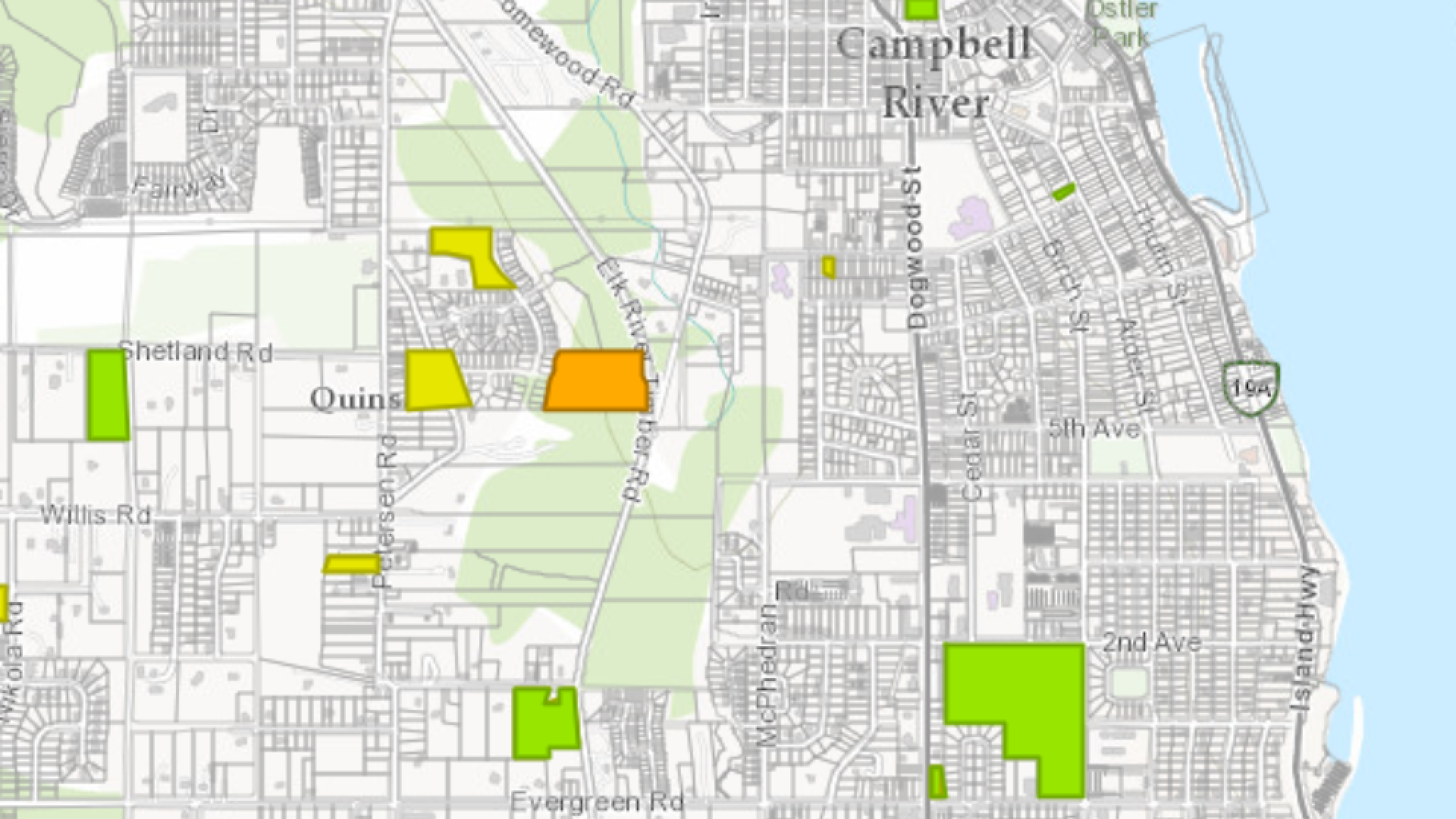 Map displaying outlined development parcels within a designated area.