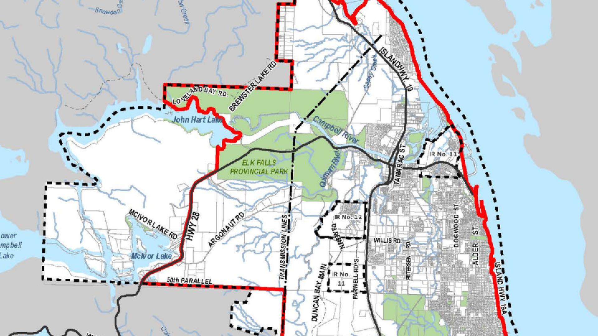 Map of Campbell River with firearm discharge boundary marked by a red outline, showing areas where firearm use is restricted or prohibited.
