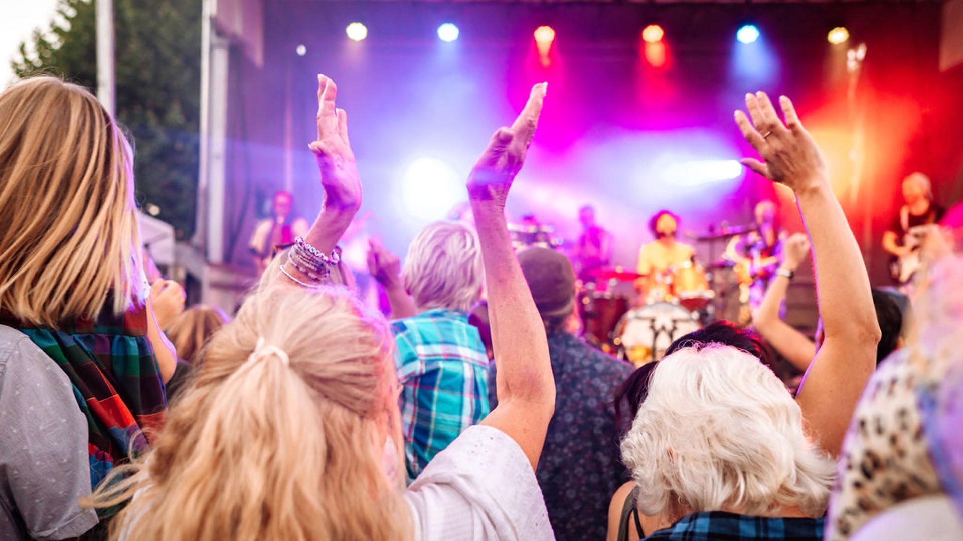 Concert crowd with raised hands, colourful stage lights in the background.