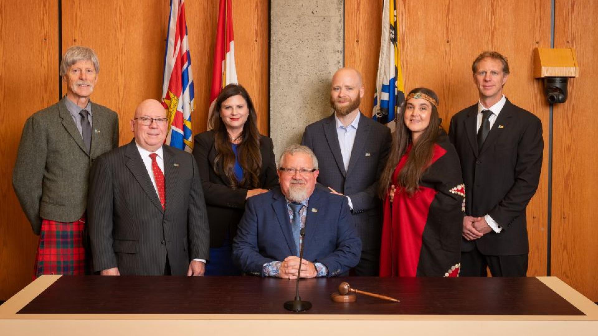 Portrait of the City Council members and the mayor posing together for a group photo.
