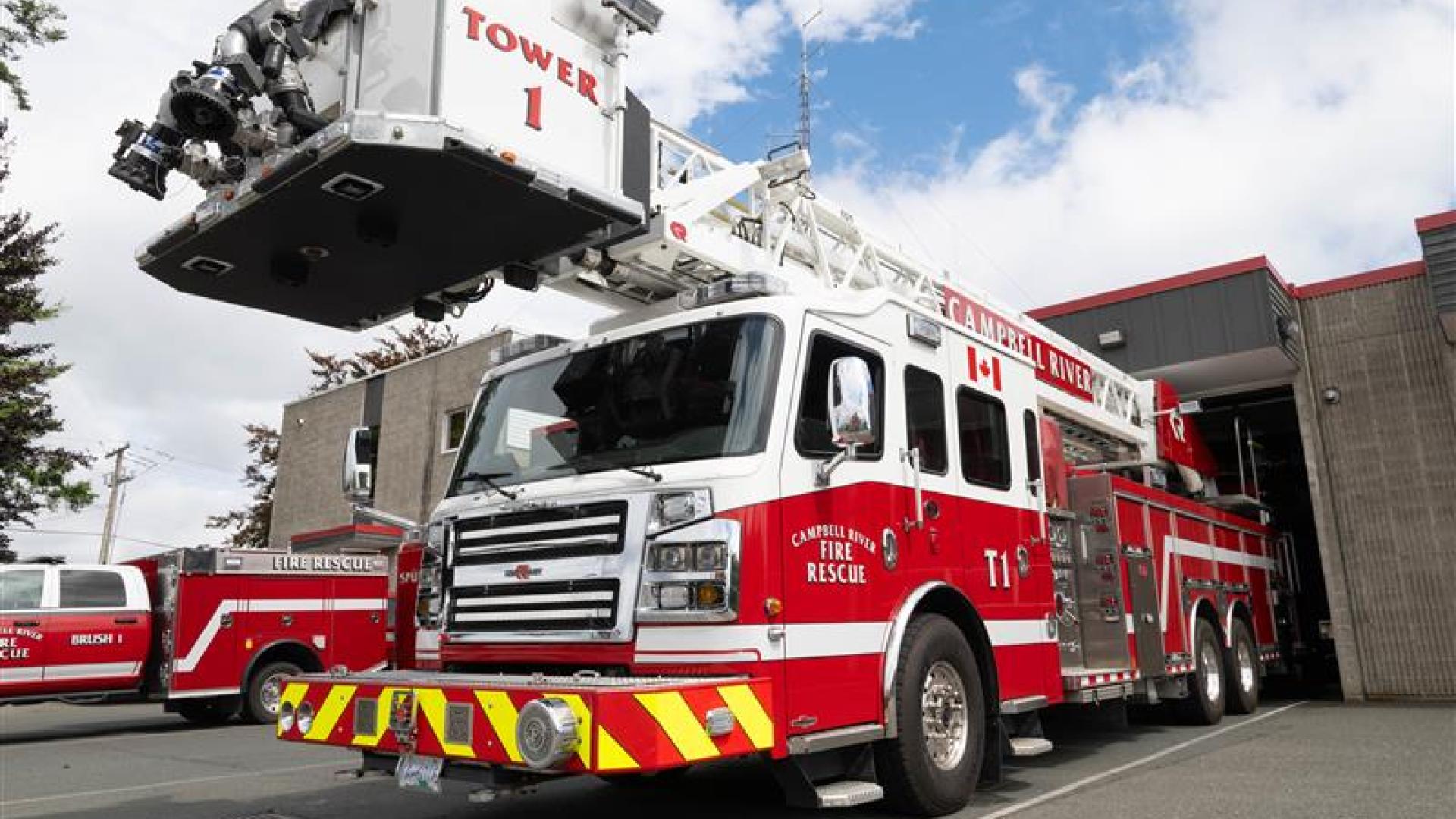 One of Campbell River's Fire Departments firetrucks parked outside the City Firehall #1.