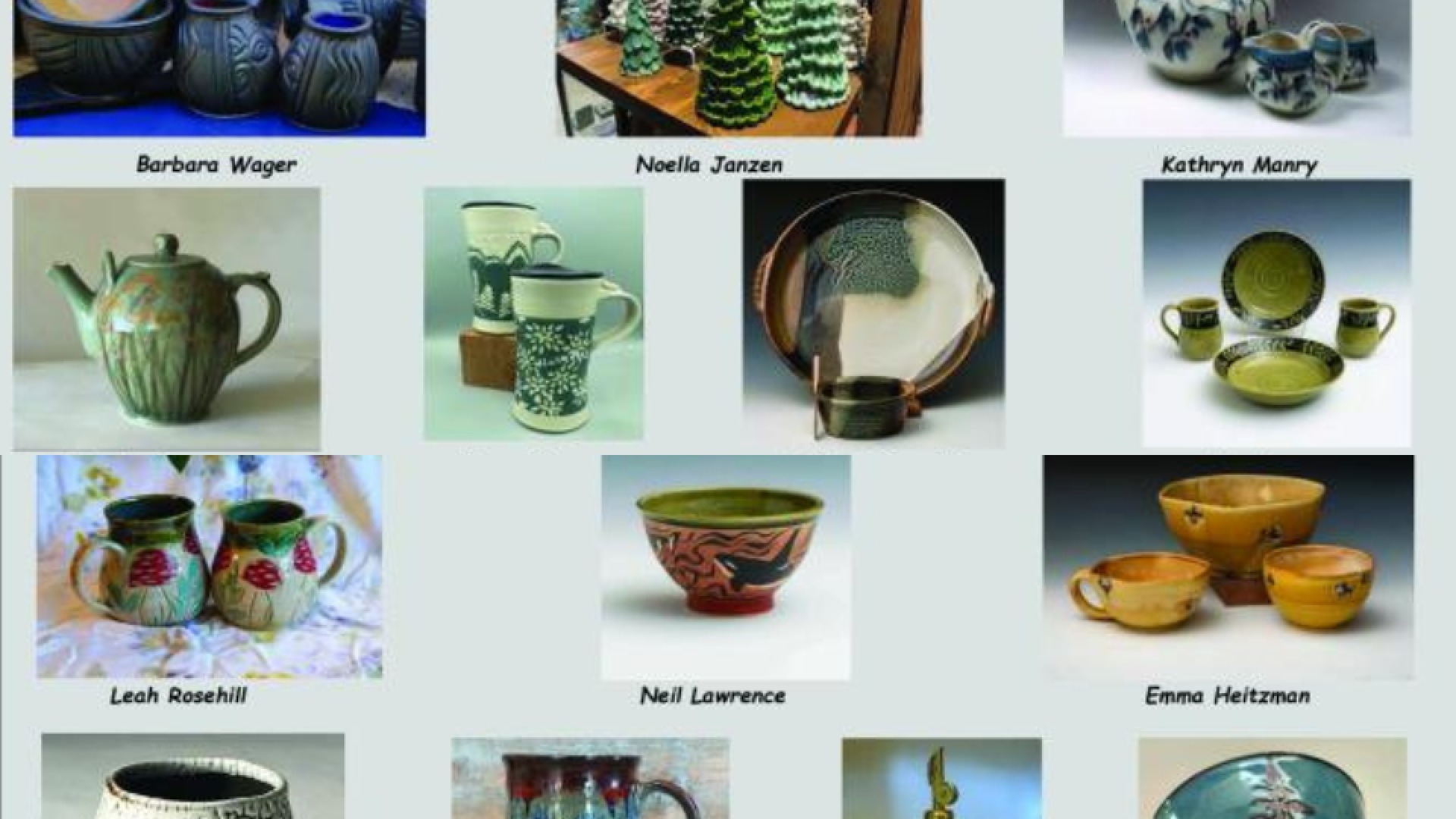 Holiday pottery sale poster featuring beautiful images of handmade pottery and with a Christmas theme.