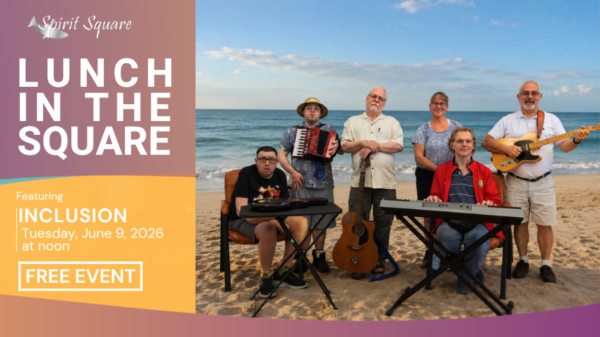 Inclusion the band are on display at a beach with musical instruments.