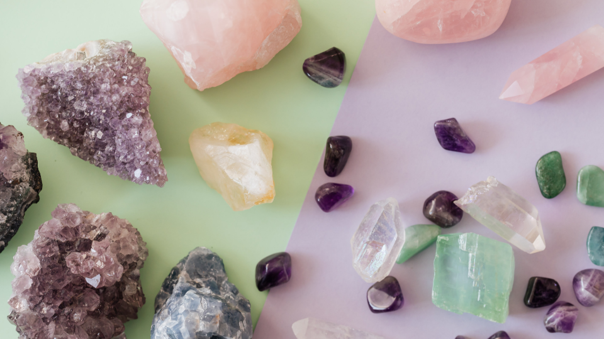 rocks and gems of different pinks, purples and blues.