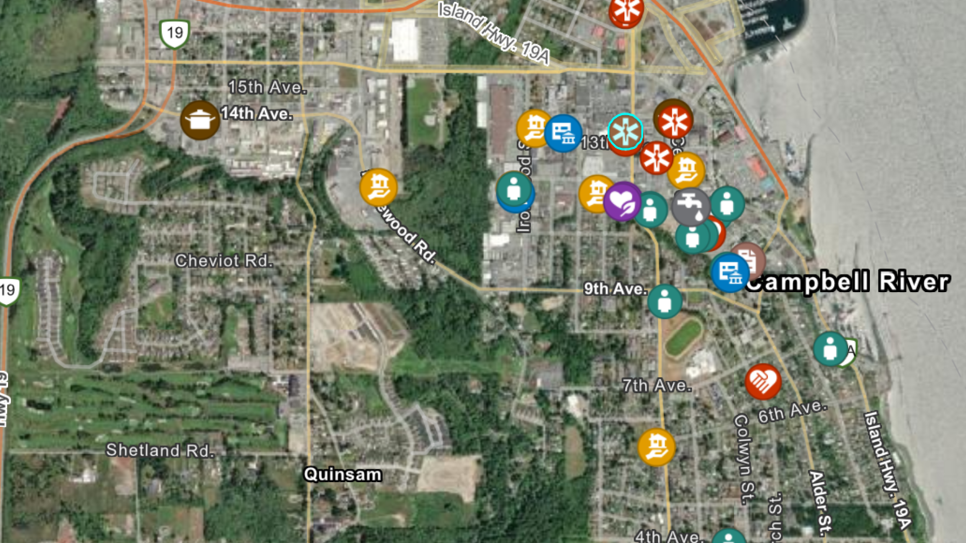 map with different icons for social services in Campbell River.