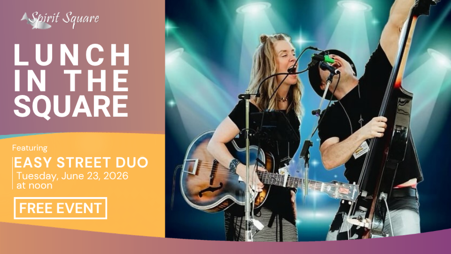 Easy Street Due sing loud into a microphone showing high energy while holding guitars.