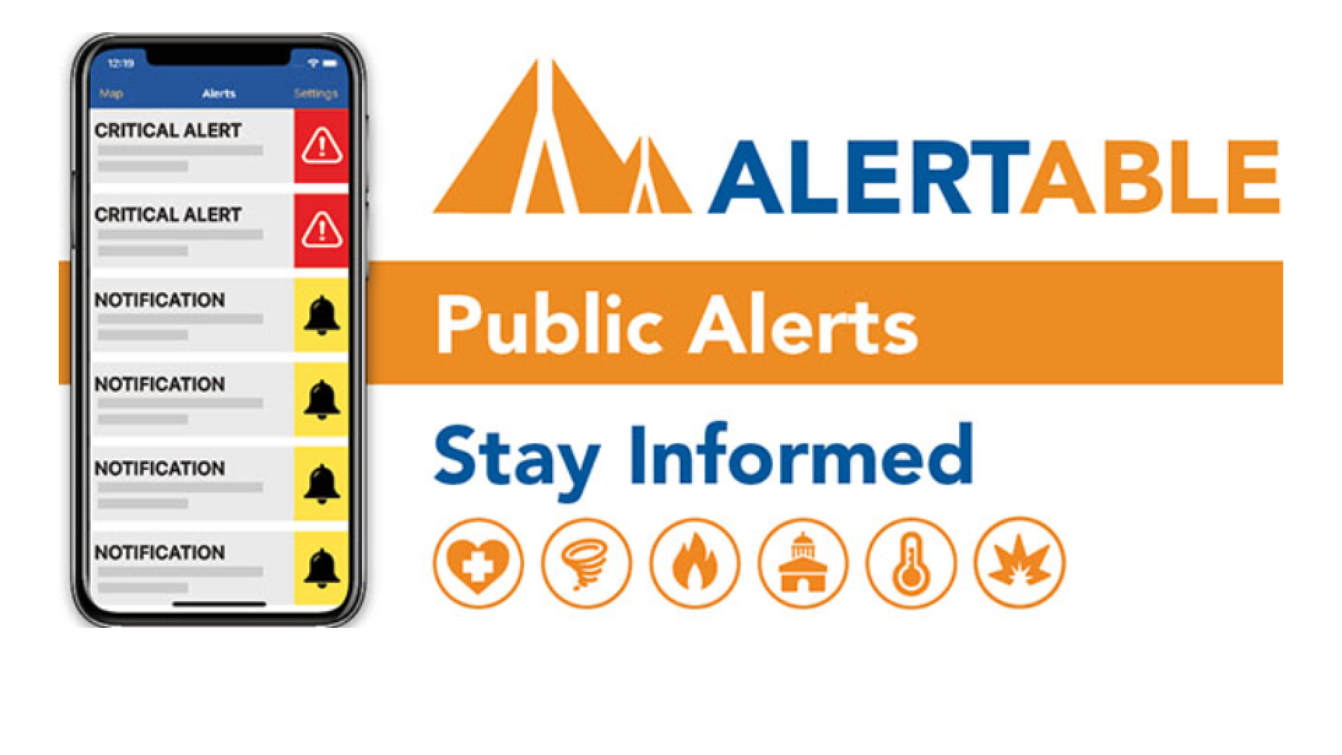 Alertable app with the words Public Alerts, Stay Informed with icons related to emergency preparedness.
