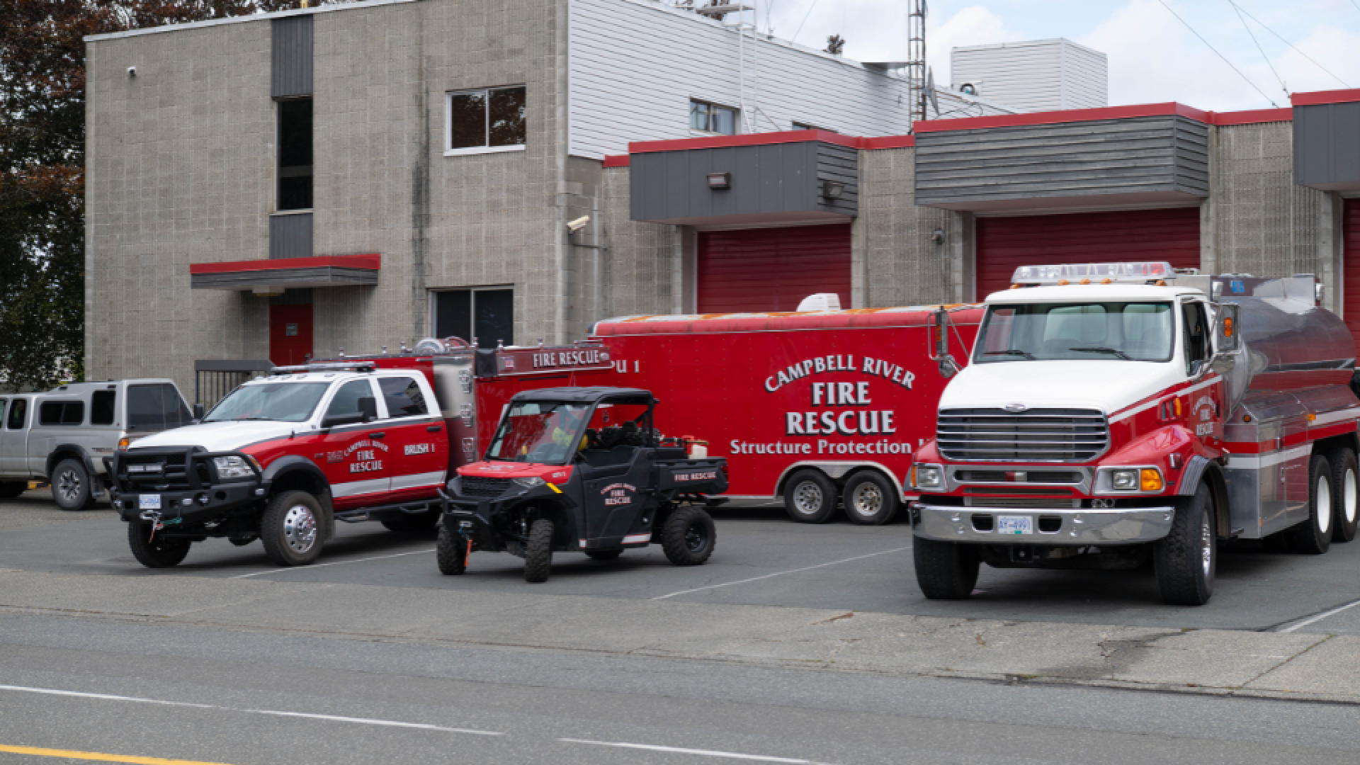 Fire Rescue vehicles lined up outside the Campbell River Fire Department.