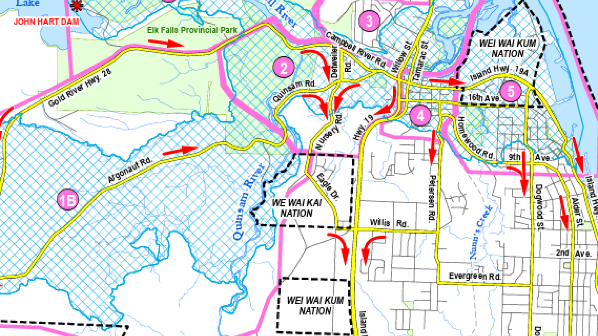 Map showing evacuation routes in Campbell River.