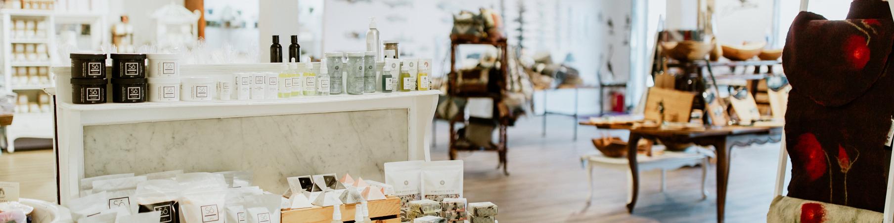 The inside of a shop called Mussels and More with displays of merchandise.