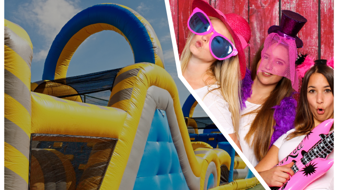 A bouncy castle in one image and 4 youth in another with bright pink accessories including sunglasses and guitars making faces in a photo booth.