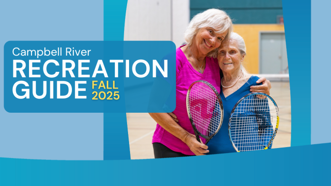 Two people with their arms around each other holding badminton rackets and smiling at the Community Centre gym.