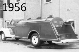 Black and white photo of a 1956 fire department tanker truck.