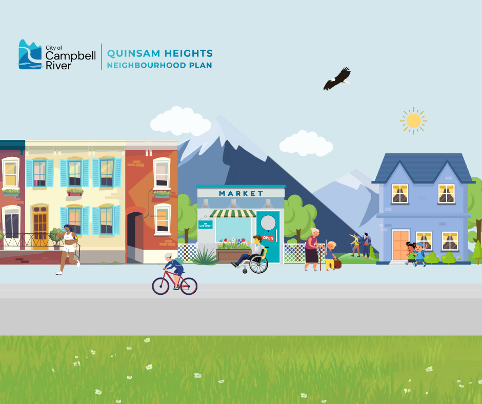 Illustration of a lively neighbourhood with buildings and a market, where people are jogging, biking, walking, and using wheelchairs along the street. In the background, a mountain rises behind the town, with an eagle soaring overhead.