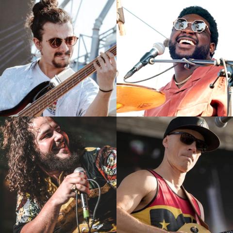 Collage of photos of musicians Caleb Hart & Friends, featuring the performers singing and playing various instruments.