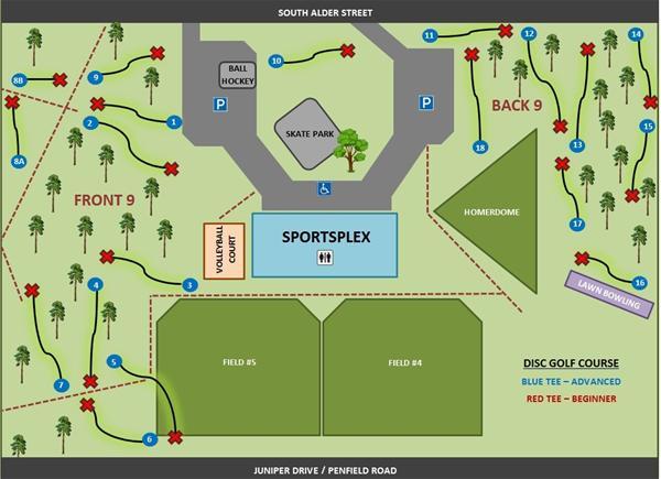 Map of a sports complex, showing fields, wooded areas, and parking.