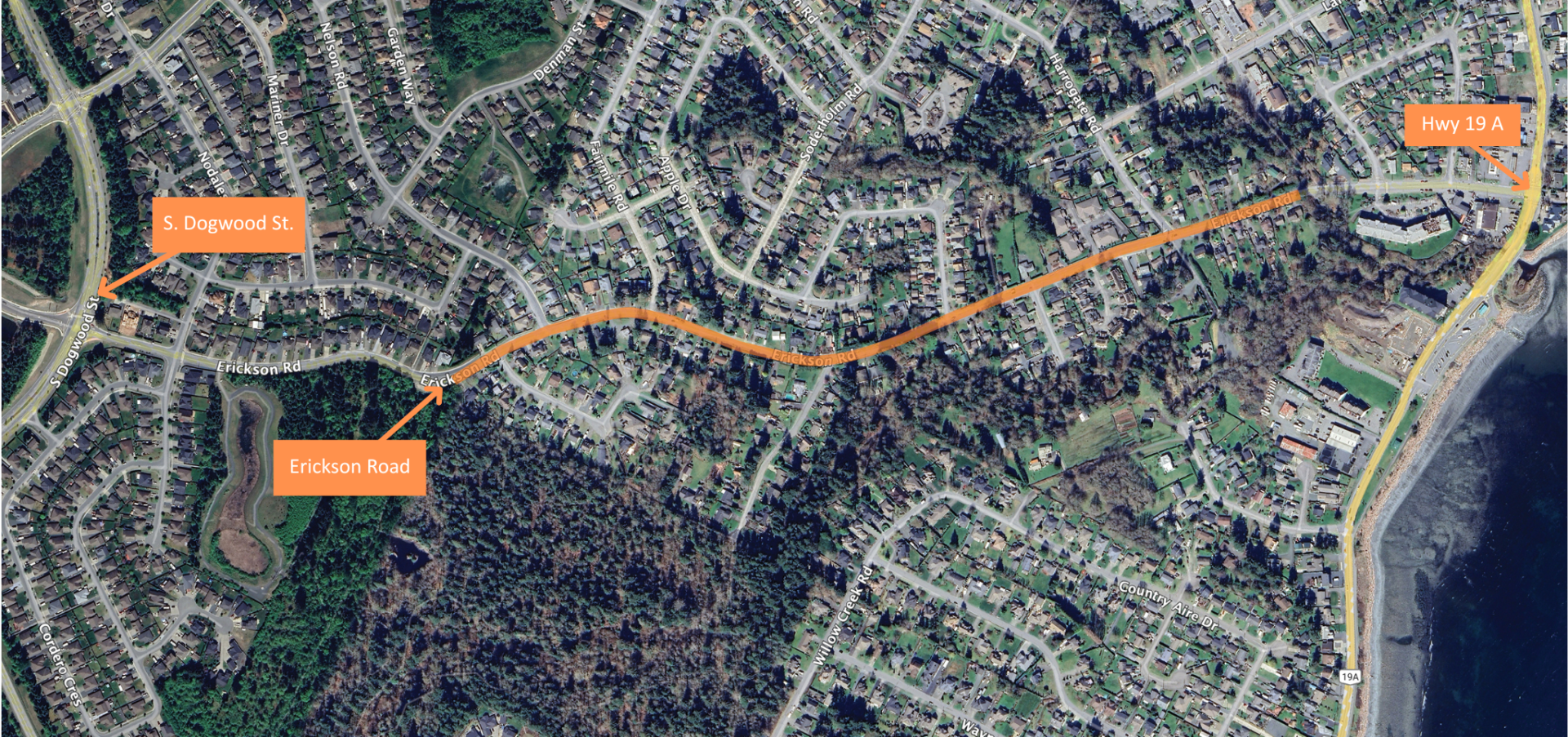 Map of Campbell River with the construction zone for the Erickson Road Renewal Project highlighted in orange.