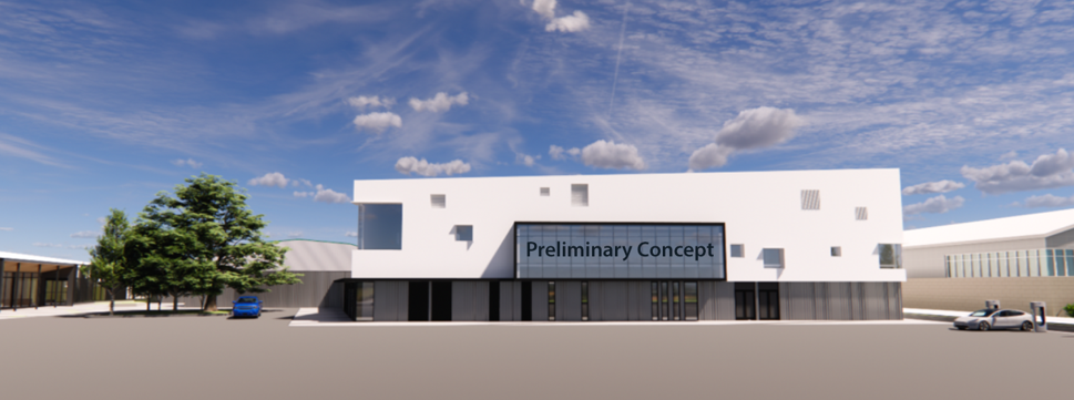 Graphic of preliminary concept for exterior of third arena at Strathcona Gardens Recreation Complex.