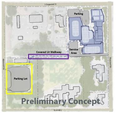 Map graphic with preliminary concept for the third arena at Strathcona Gardens Recreation Complex.