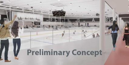 Graphic of preliminary concept for interior of the third arena at Strathcona Gardens Recreation Complex, including the ice rink and viewing area.